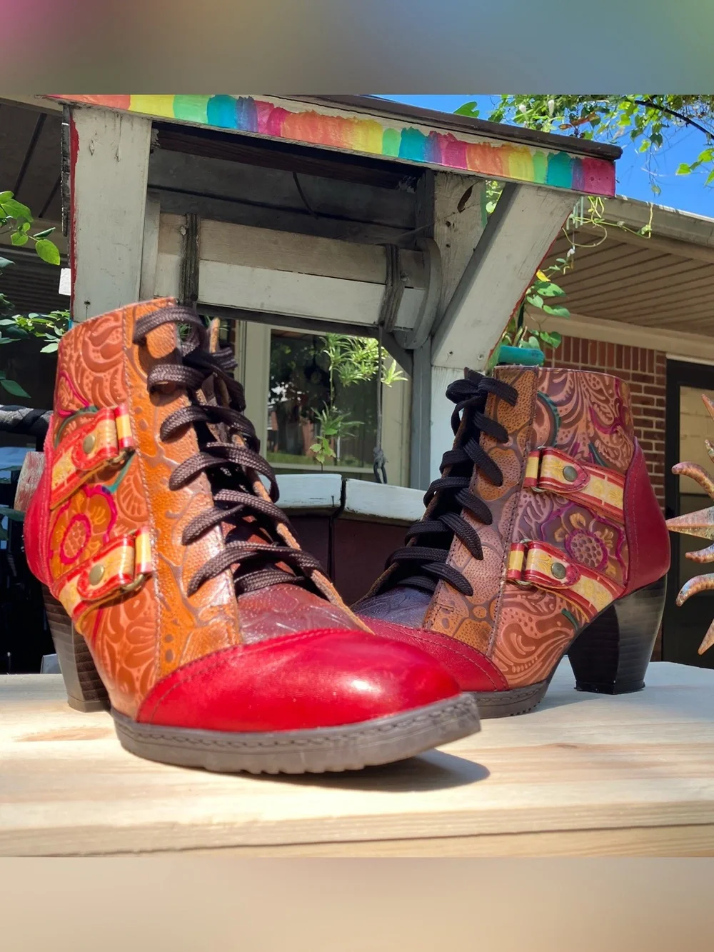 Women's Floral Embossed Red & Brown Lace-Up Ankle Booties size US 7.5-8